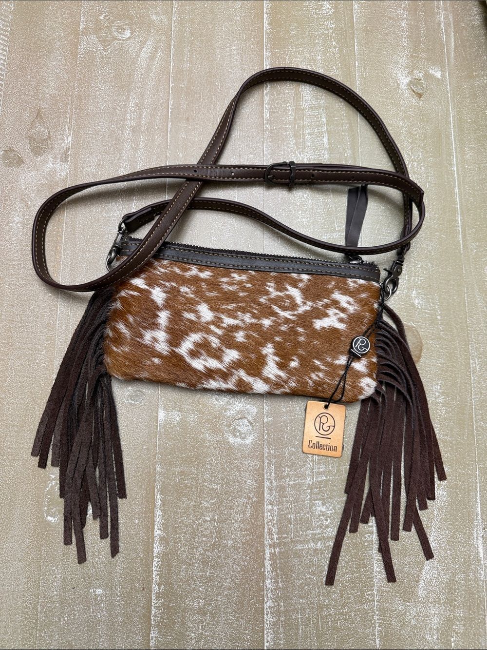 NWT! PG Collection Leather Cowhide Fur Fringe Crossbody Purse